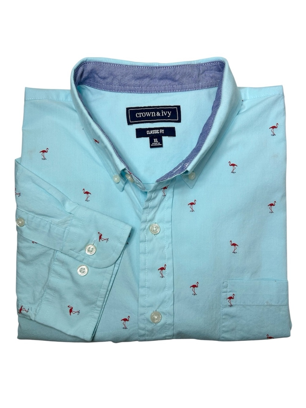 Crown & Ivy Men Cotton Blend Light Blue Red Flamingo Print Button Down Shirt XL